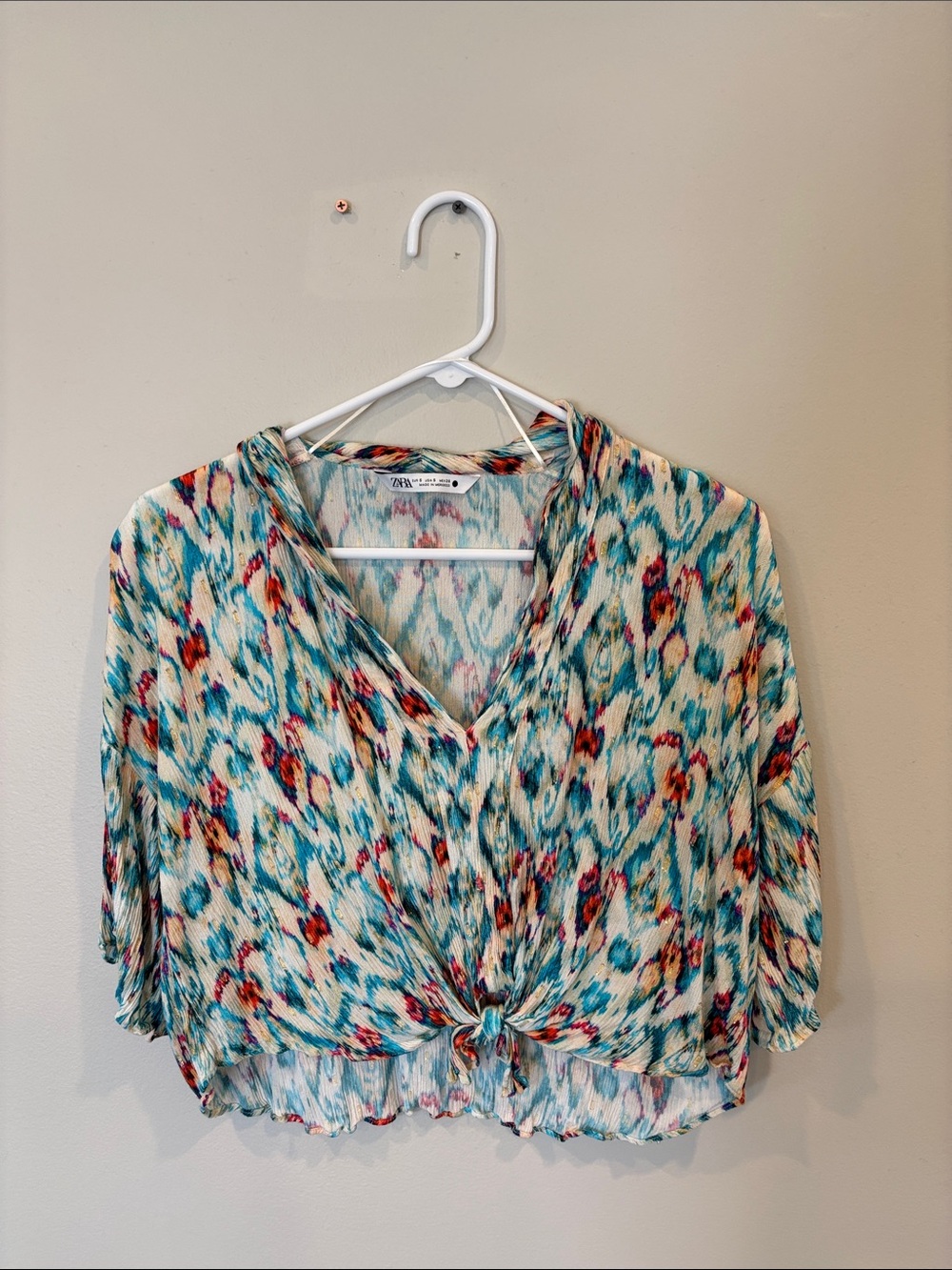Zara Teal, Coral & Cream Tie-Front Crop Top